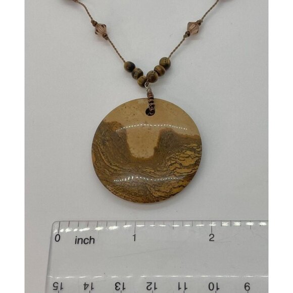 Beaded Necklace With Round Brown Jasper Pendant Boho Hippie Festival - Picture 3 of 3